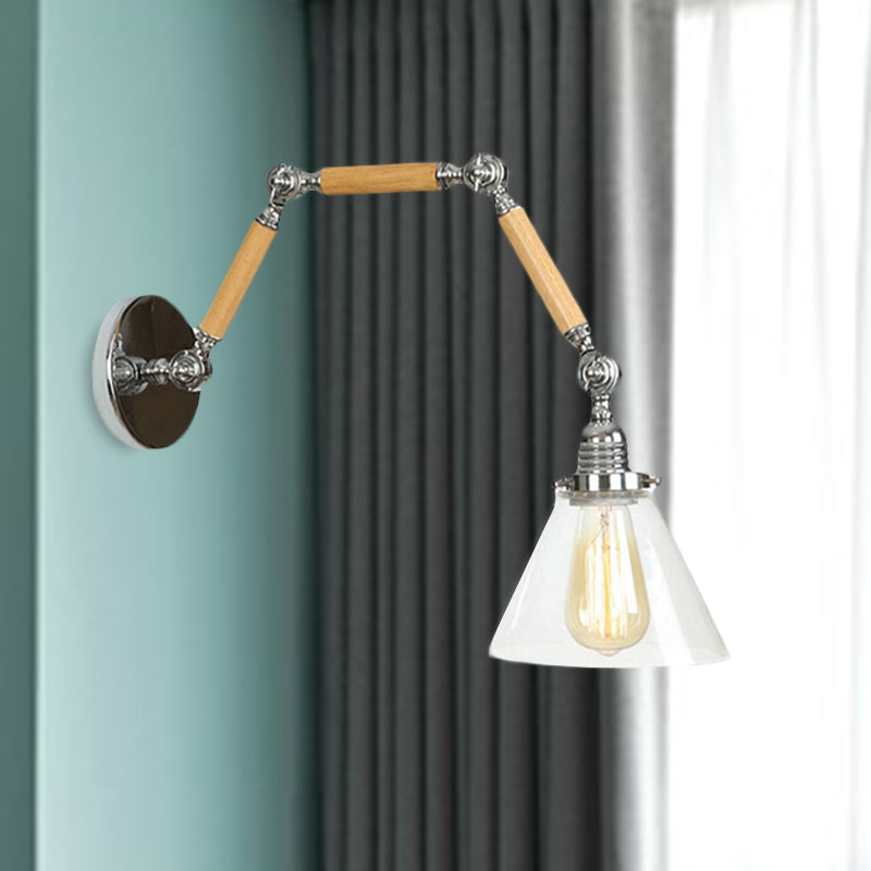 1 Bulb Industrial Cone Wall Light Fixture With Clear Glass And Chrome Finish - Ideal For Living Room