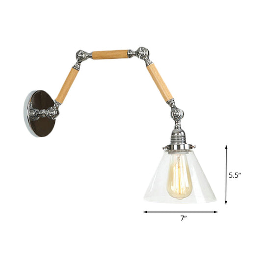 1 Bulb Industrial Cone Wall Light Fixture With Clear Glass And Chrome Finish - Ideal For Living Room