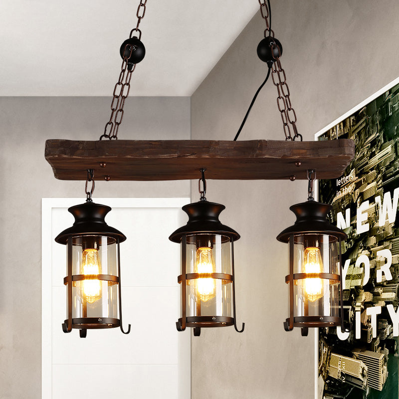 Industrial Lantern Pendant Light With Clear Glass Wood Decoration And Cage Design - 2/3 Lights Black