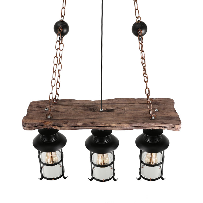 Industrial Lantern Pendant Light With Clear Glass Wood Decoration And Cage Design - 2/3 Lights Black