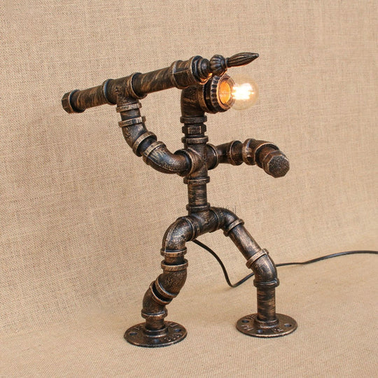 Wrought Iron Vintage Standing Lamp In Bronze With Pipe Man And Bare Bulb - Table Lighting