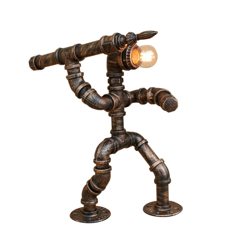 Wrought Iron Vintage Standing Lamp In Bronze With Pipe Man And Bare Bulb - Table Lighting