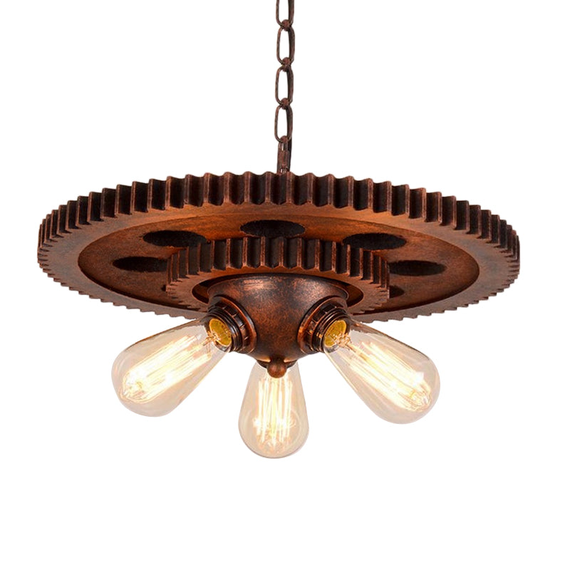Rustic Weathered Copper Chandelier with Open Bulb and Gear Design – Perfect for Retro Restaurant Pendant Lighting – 3 Lights