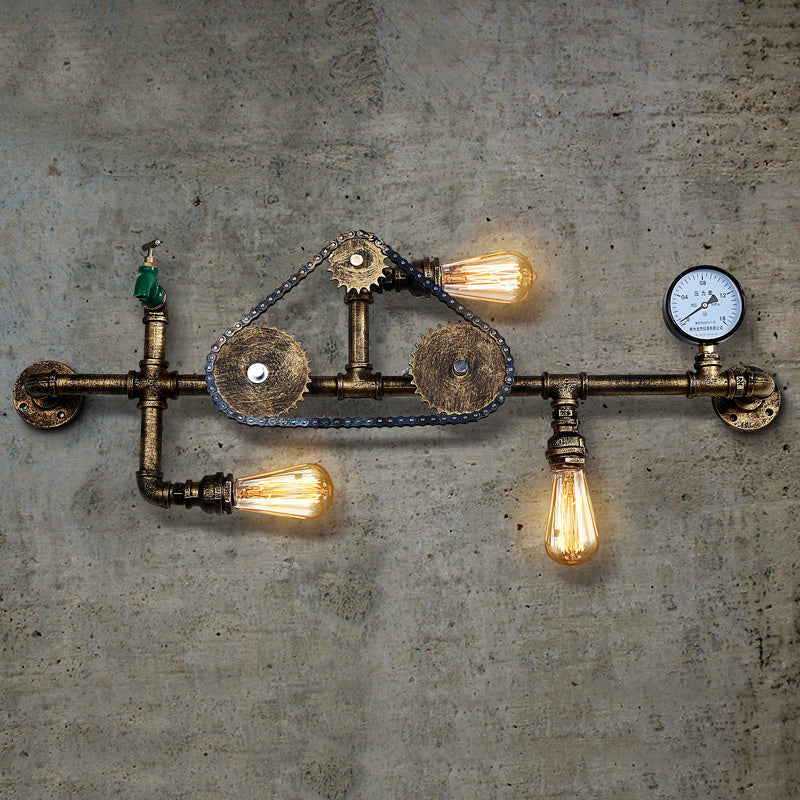 Steampunk Bicycle Wall Mount Light With Pipe Design - 3-Light Wrought Iron Lamp In Antique Brass