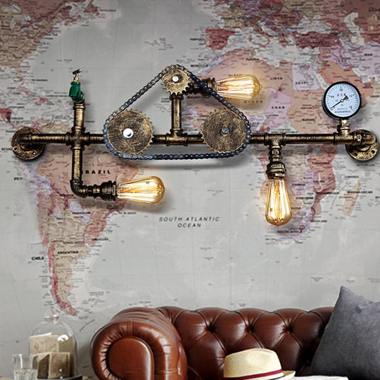 Steampunk Bicycle Wall Mount Light With Pipe Design - 3-Light Wrought Iron Lamp In Antique Brass
