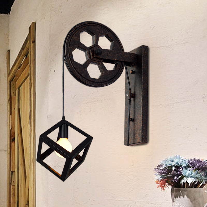 Vintage Industrial Black Wall Sconce Light With Wrought Iron Cage - Farmhouse Lighting