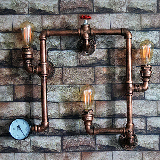 Farmhouse Water Pipe Sconce Light - Rust Finish With 3 Bulbs Valve And Gauge