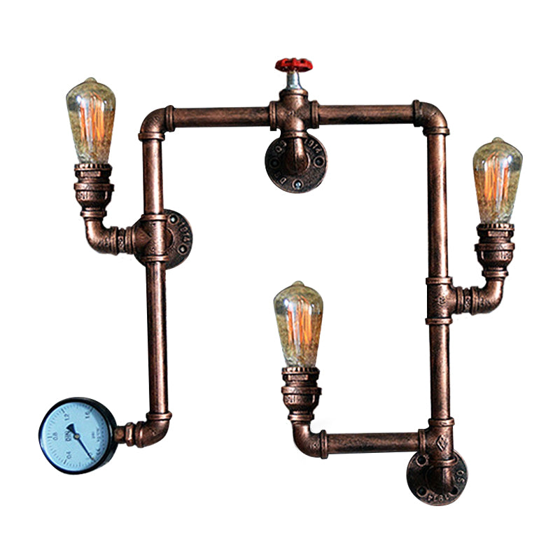 Farmhouse Water Pipe Sconce Light - Rust Finish With 3 Bulbs Valve And Gauge