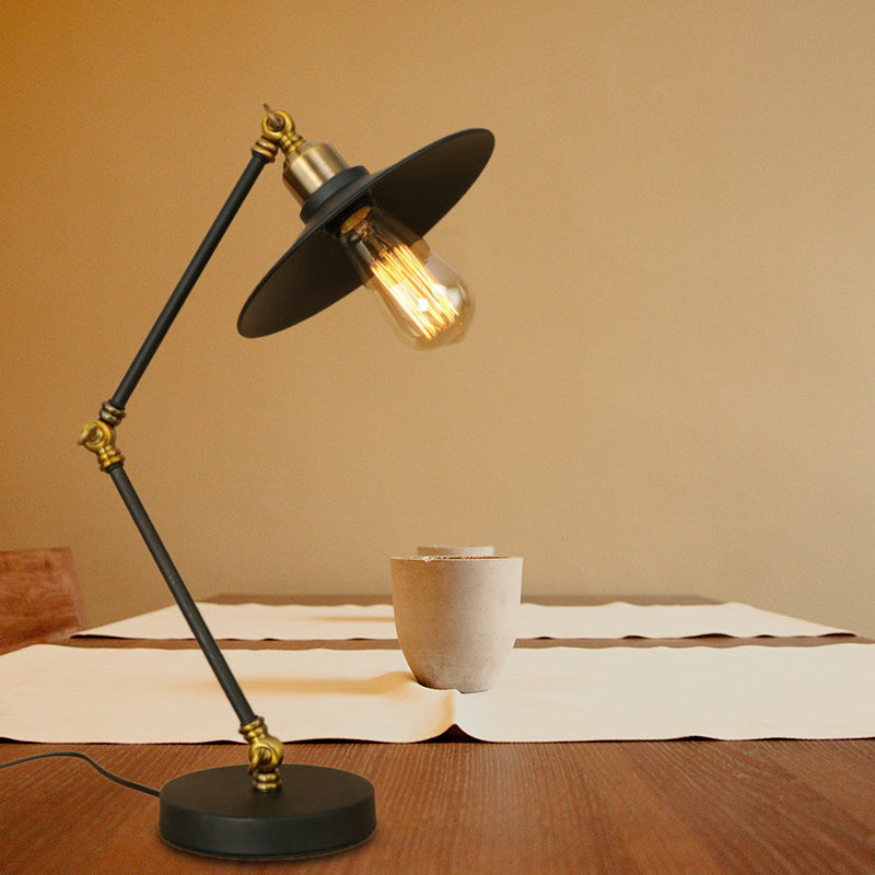Iron Flat Shade Desk Light- Industrial Black Standing Lamp With Adjustable Arm