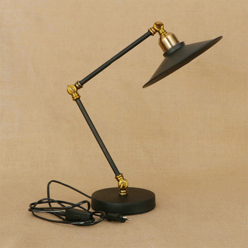 Iron Flat Shade Desk Light- Industrial Black Standing Lamp With Adjustable Arm