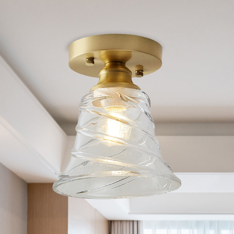 Brass Cone Ceiling Light: Industrial Semi Flush Mount With Clear Textured Glass For Living Room / D
