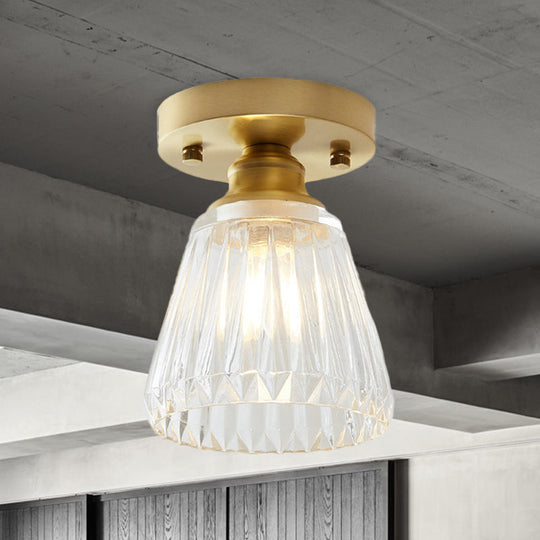 Brass Cone Ceiling Light: Industrial Semi Flush Mount With Clear Textured Glass For Living Room / C