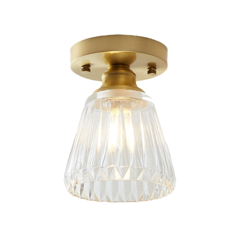 Brass Cone Ceiling Light: Industrial Semi Flush Mount With Clear Textured Glass For Living Room