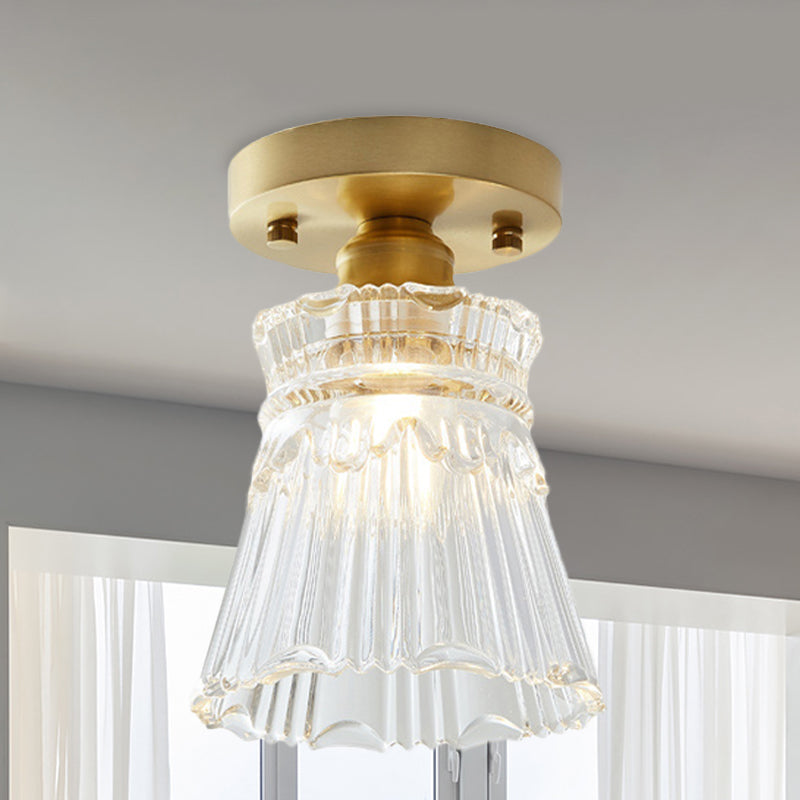 Brass Cone Ceiling Light: Industrial Semi Flush Mount With Clear Textured Glass For Living Room / B