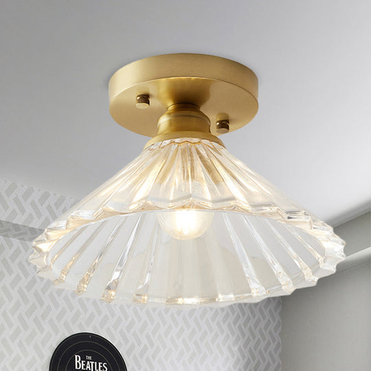 Brass Cone Ceiling Light: Industrial Semi Flush Mount With Clear Textured Glass For Living Room / A