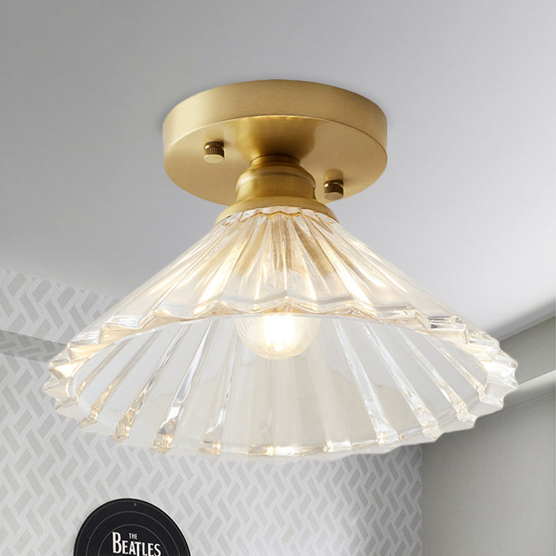 Industrial-Style Cone Glass Ceiling Light - Single Bulb Semi Flush Mount Fixture In Brass With Clear