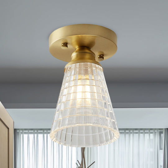 Brass Cone Ceiling Light: Industrial Semi Flush Mount With Clear Textured Glass For Living Room / E