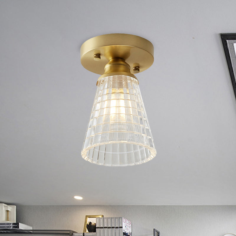 Industrial-Style Cone Glass Ceiling Light - Single Bulb Semi Flush Mount Fixture in Brass with Clear Textured Glass for Living Rooms