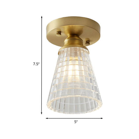 Brass Cone Ceiling Light: Industrial Semi Flush Mount With Clear Textured Glass For Living Room