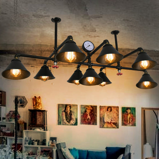 Iron Chandelier Pendant Light with Cone Shade - Industrial 9 Lights for Living Room - Black Finish