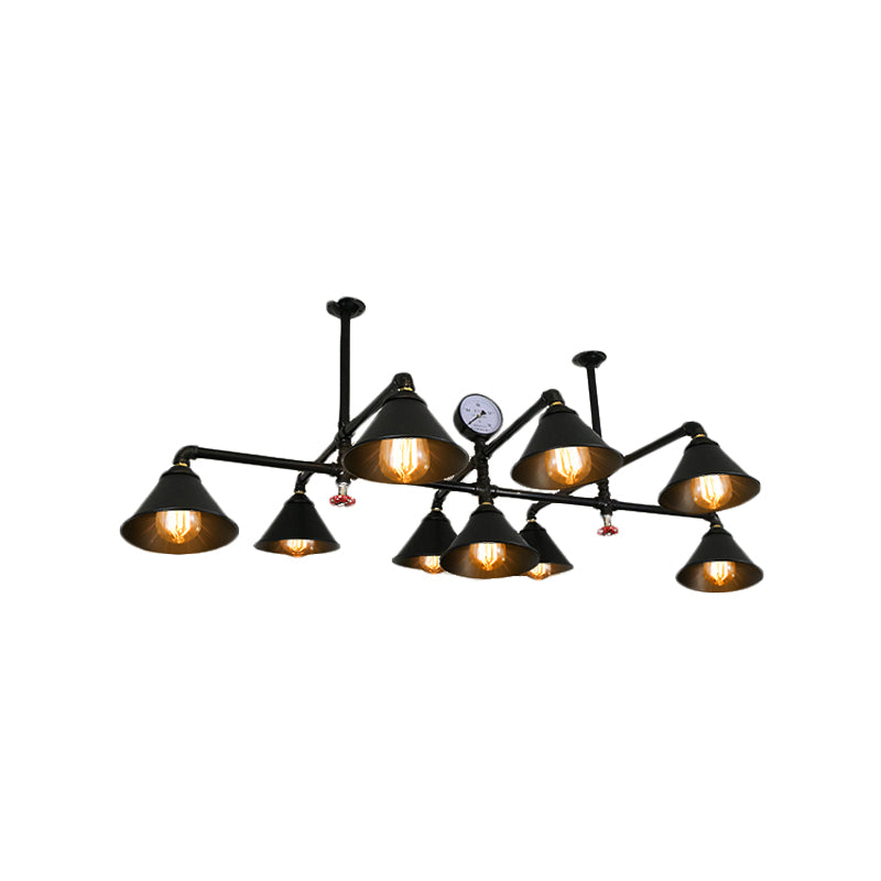 Iron Chandelier Pendant Light with Cone Shade - Industrial 9 Lights for Living Room - Black Finish