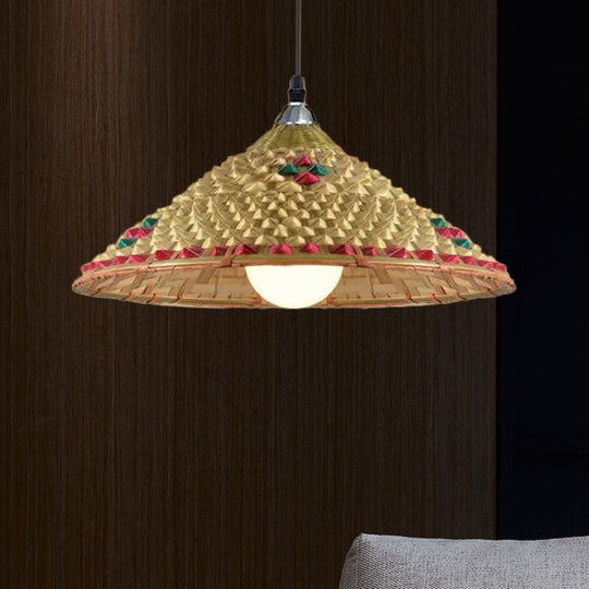 Hanging Rustic Bamboo Pendant Lamp With Hat-Shaped Shade - Perfect For Dining Tables!