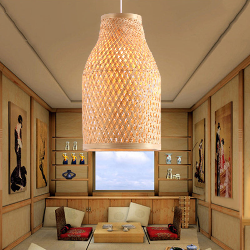 Lodge Stylish Beige/Black Vase Pendant Light: Bamboo Hanging Lamp For Table