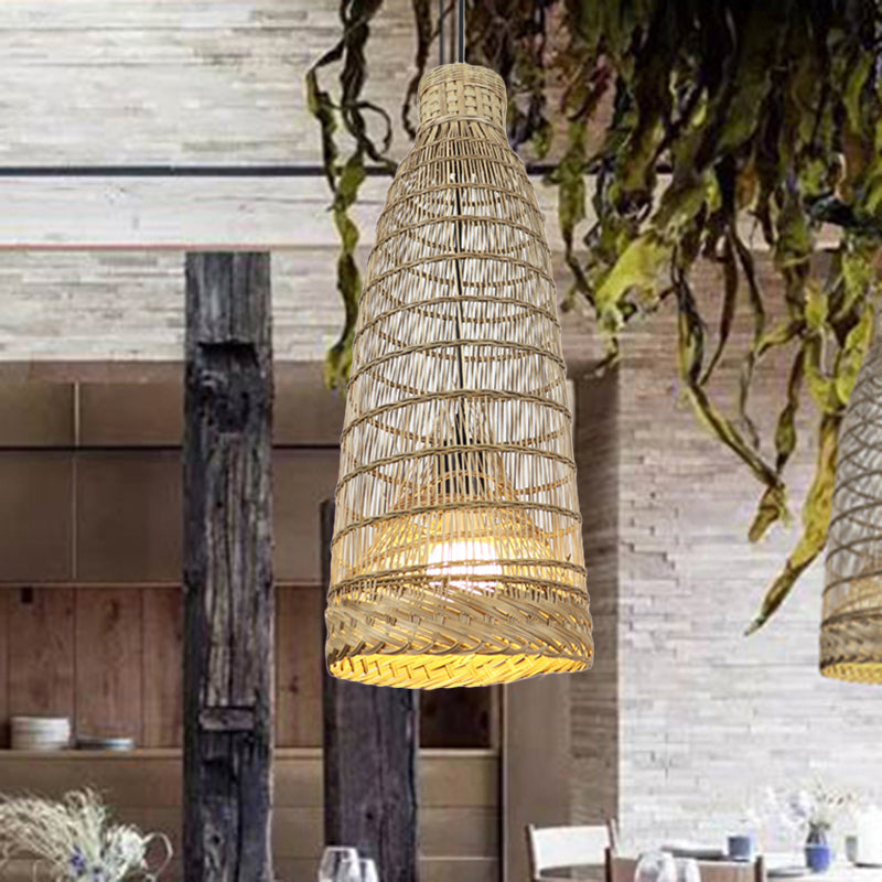 Lodge Style Hand-Worked Rattan Pendant Light Fixture - 6/8 W 1 Head Beige Ceiling For Restaurants