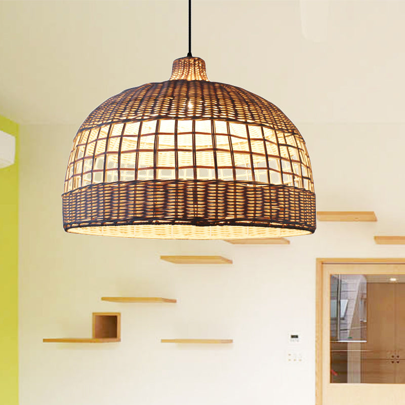 Rustic Woven Rattan Pendant Lamp - Brown Domed Ceiling Drop Light For Cafe Restaurant