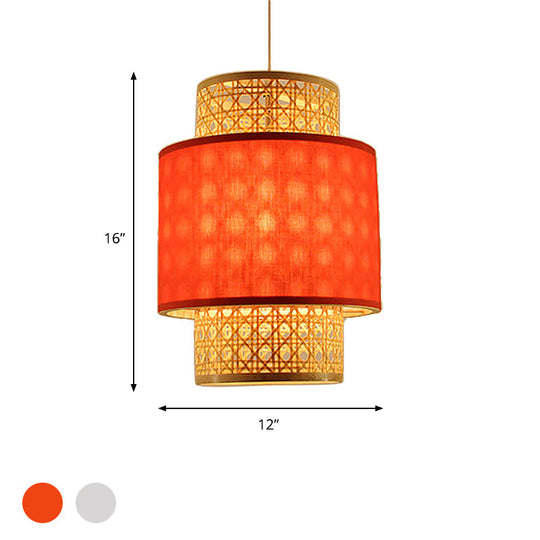 1-Bulb Asian Style Hanging Light: Bamboo & Fabric Shade Red/White Cylinder Ceiling Fixture For
