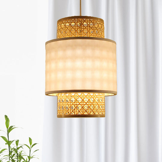 1-Bulb Asian Style Hanging Light: Bamboo & Fabric Shade Red/White Cylinder Ceiling Fixture For