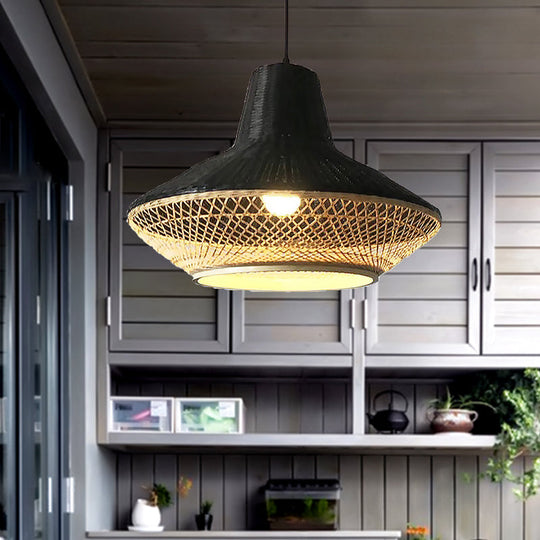 Modern Asian Hanging Lamp With Knitted Bamboo For Restaurants And Tea Houses Black