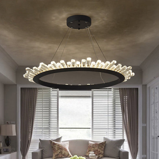 Modern Black/Gold Ring Pendant Chandelier With Crystal Accents - Led Light In White/Warm Living Room