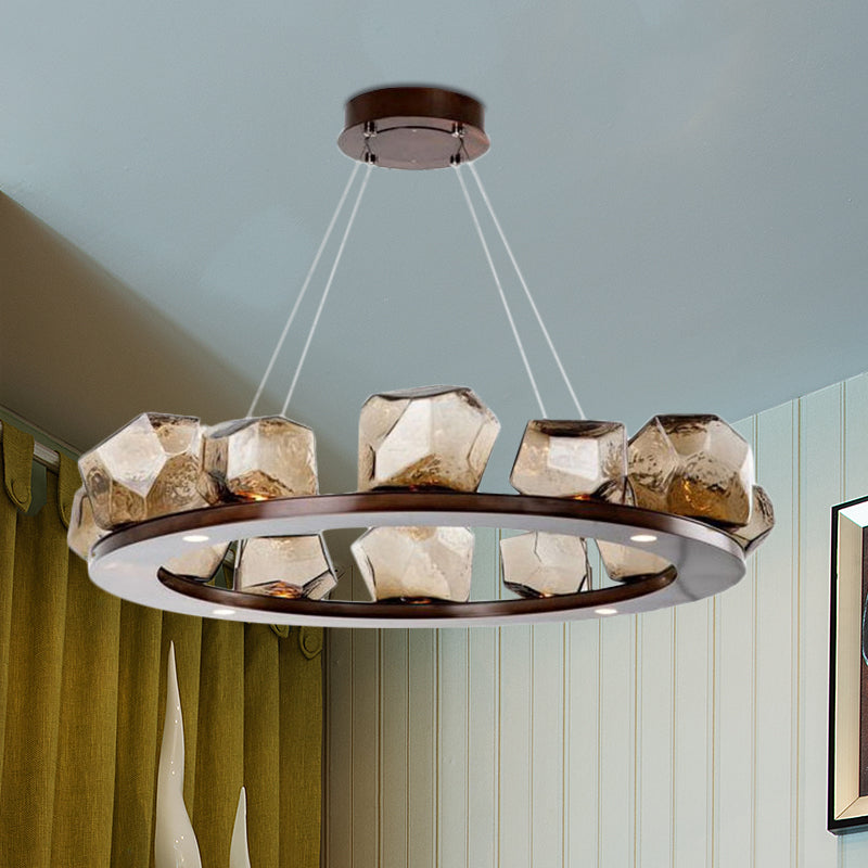 Modernist Amber Glass Chandelier Pendant Light With Multi Lights And Led Brown Hanging Design