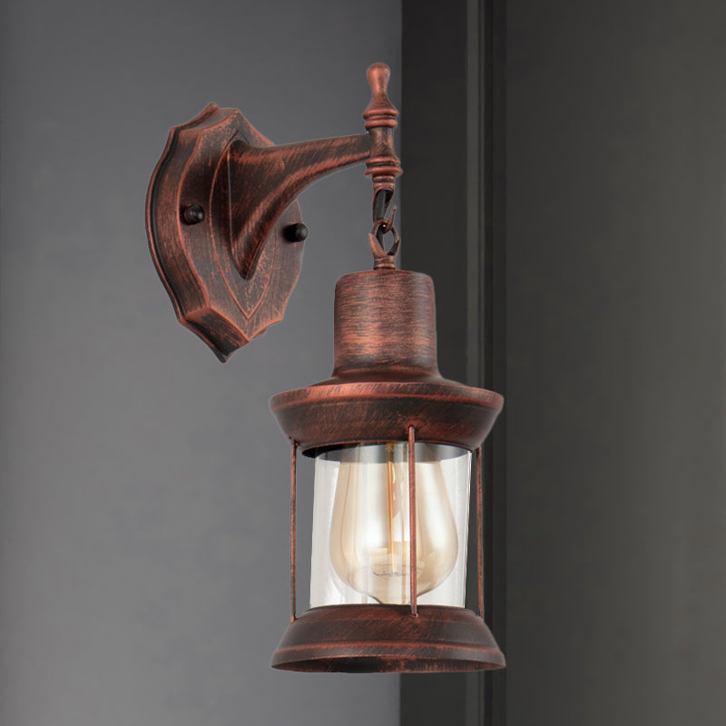 Antique Copper Glass Wall Mounted Lantern - Industrial Single Bulb Sconce Light For Bathroom