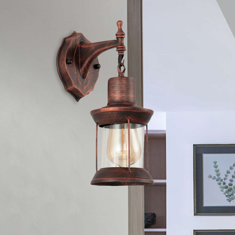 Antique Copper Glass Wall Mounted Lantern - Industrial Single Bulb Sconce Light For Bathroom