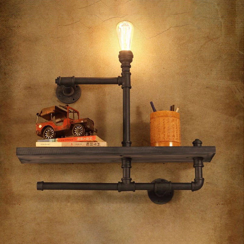Vintage Bronze Wall Mount Light With Wood Shelf And Water Pipe Design For Living Room Décor / C