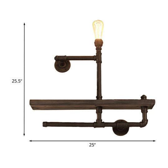 Vintage Bronze Wall Mount Light With Wood Shelf And Water Pipe Design For Living Room Décor
