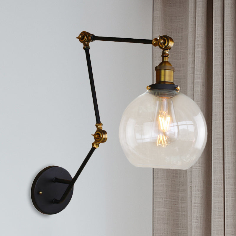 Industrial Style Swing Arm Wall Lamp With 1-Light Clear Glass Brass Sconce