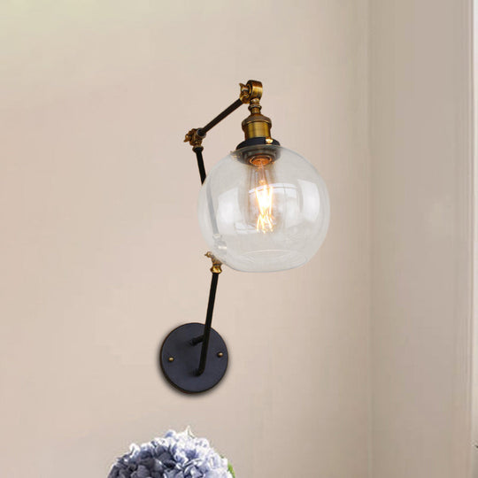 Industrial Style Swing Arm Wall Lamp With 1-Light Clear Glass Brass Sconce