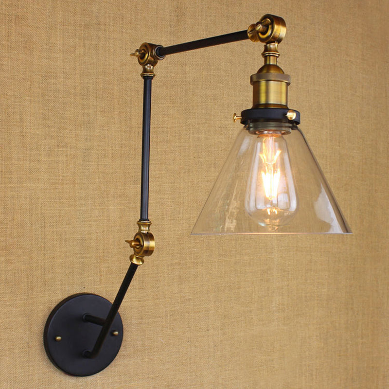 Vintage Brass Wall Sconce Extendable Arm Clear Glass Shade 1-Bulb Light Fixture