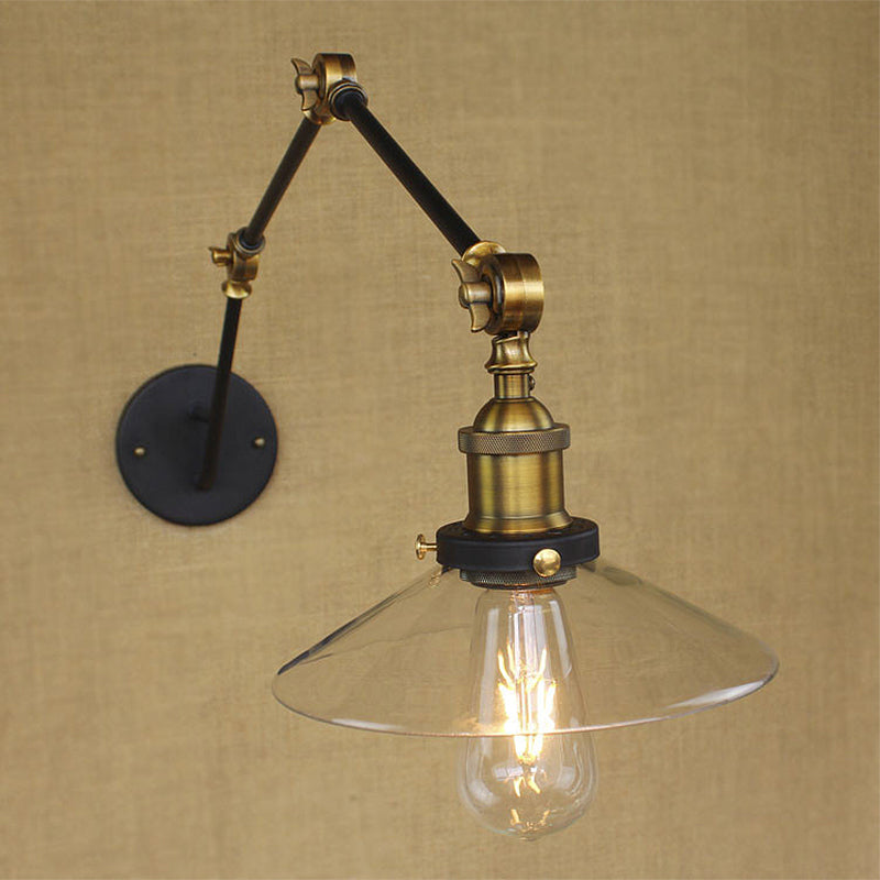 Antique Brass Wide Flare Wall Sconce Light With Clear Glass - Ideal For Coffee Shops