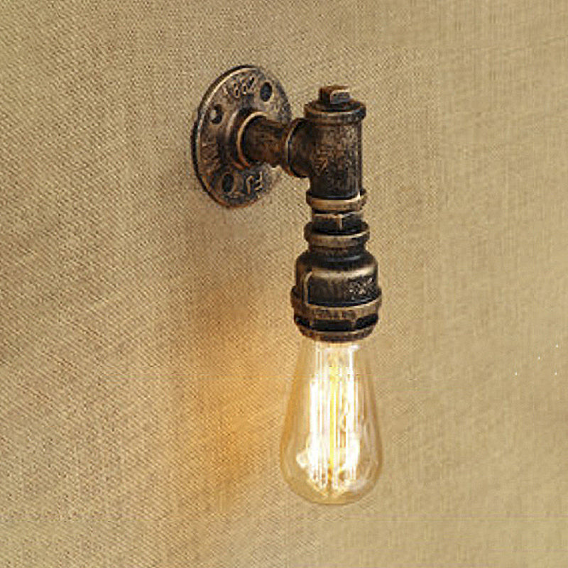 Vintage Industrial Aged Brass Pipe Wall Sconce: Wrought Iron 1-Light Indoor Lighting Antique / A