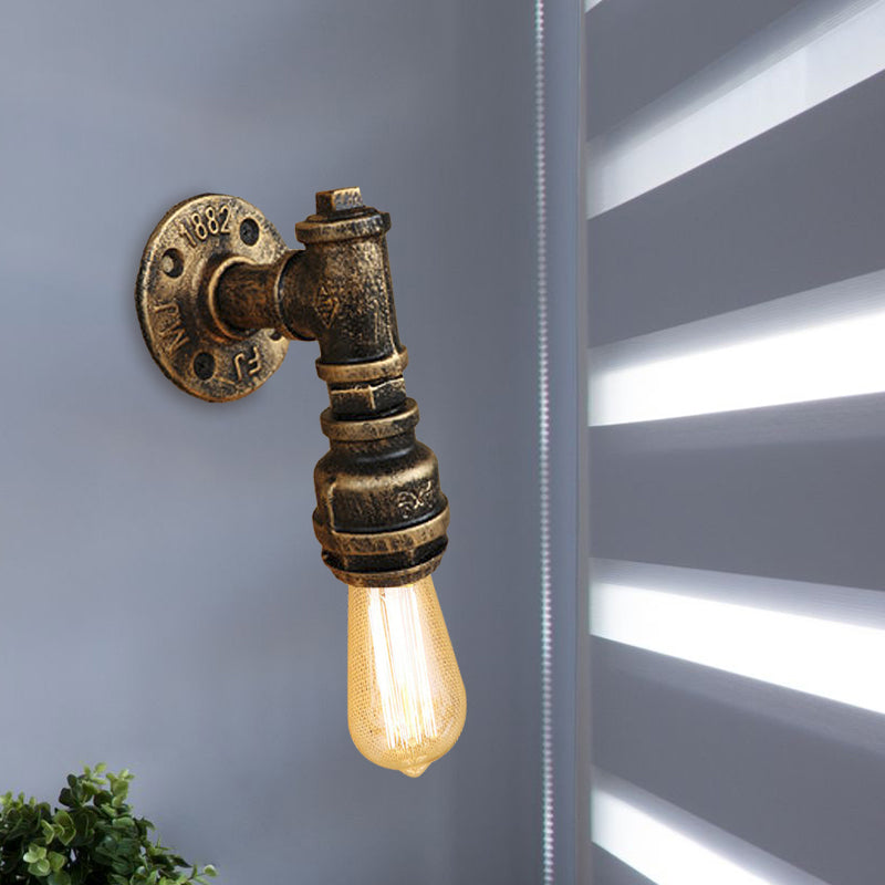 Vintage Industrial Aged Brass Pipe Wall Sconce: Wrought Iron 1-Light Indoor Lighting