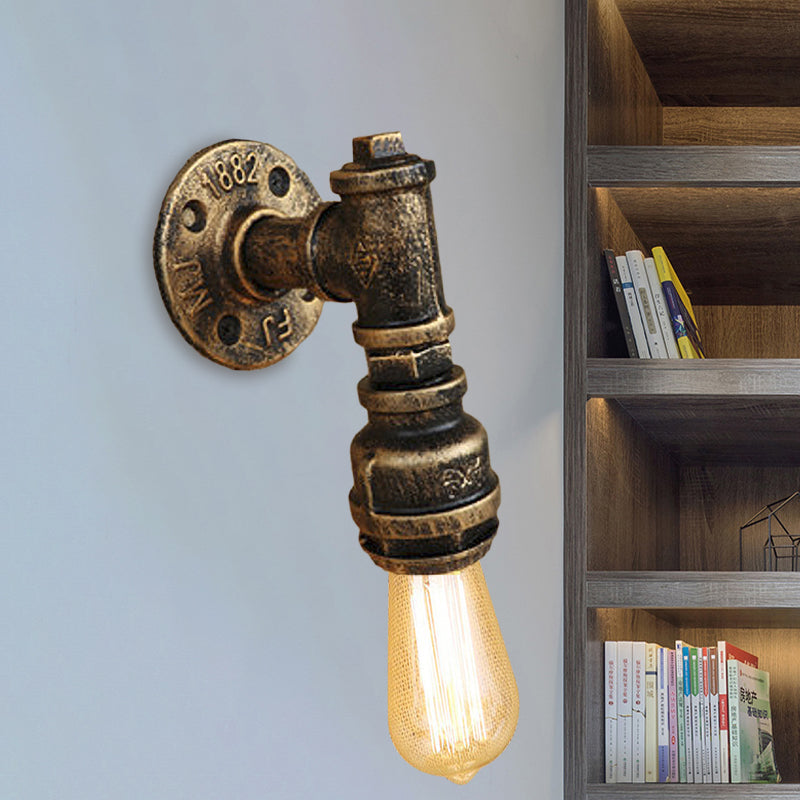 Vintage Industrial Aged Brass Pipe Wall Sconce: Wrought Iron 1-Light Indoor Lighting