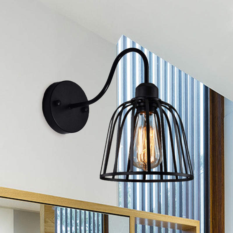 Industrial Black Wall Lamp With Gooseneck Arm And Metallic Cage - Perfect Bedside Mount Light