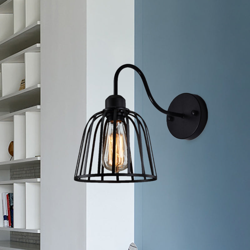 Industrial Black Wall Lamp With Gooseneck Arm And Metallic Cage - Perfect Bedside Mount Light