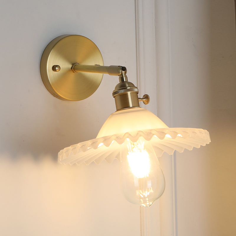 Frosted Glass Wall Sconce Light - Industrial Brass Scalloped Living Room Fixture