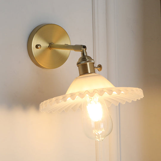 Frosted Glass Wall Sconce Light - Industrial Brass Scalloped Living Room Fixture