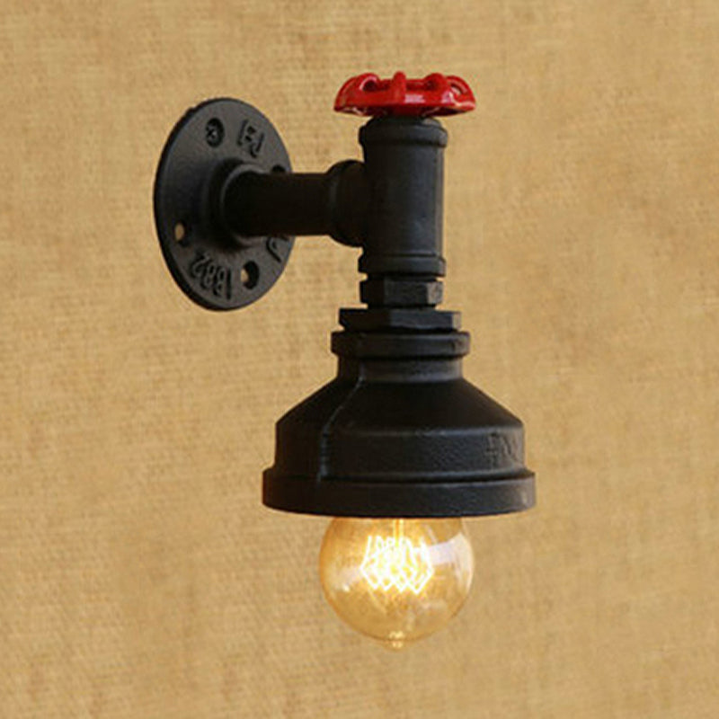 Industrial Rustic Mini Wall Sconce With Valve Wheel And Metallic Finish - 1 Light For Bedrooms Black